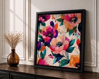 Pfingstrosen-Wandbild, abstraktes Blumengemälde, gerahmte Leinwand, moderne botanische Wohndekoration