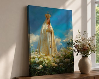 Our Lady of Fatima Wall Art Floral Altar Framed Canvas Madonna Catholic Christian Decor