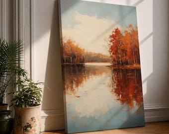 Quadro decorativo de parede com paisagem de outono, reflexo no lago, tela emoldurada, estilo rústico vintage, cabana, natureza, decoração para casa.