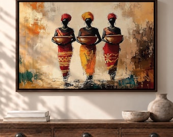 African Women Canvas Print, Abstract Tribal Oil Painting, Earthy Afrocentric Cultural Statement Wall Art