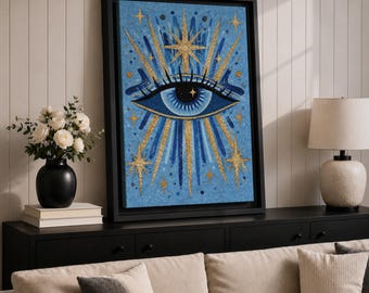 Blue Evil Eye Canvas Print, Gold Celestial Starburst Protection Painting, Mystical Bohemian Wall Decor