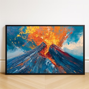 Volcano Digital Art Print, Fiery Mountain Landscape Download, Eruption Wall Decor, Dramatic Nature Painting, Vibrant Horizontal Artwork
