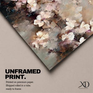 Puede incluir: Una impresi&oacute;n sin marco que presenta un primer plano de una pintura floral con flores blancas y rosas. La obra de arte tiene un estilo impresionista texturizado con una paleta de colores neutros. El texto "UNFRAMED PRINT" es visible.