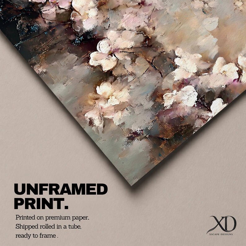 Puede incluir: Una impresi&oacute;n sin marco que presenta un primer plano de una pintura floral con flores blancas y rosas. La obra de arte tiene un estilo impresionista texturizado con una paleta de colores neutros. El texto "UNFRAMED PRINT" es visible.