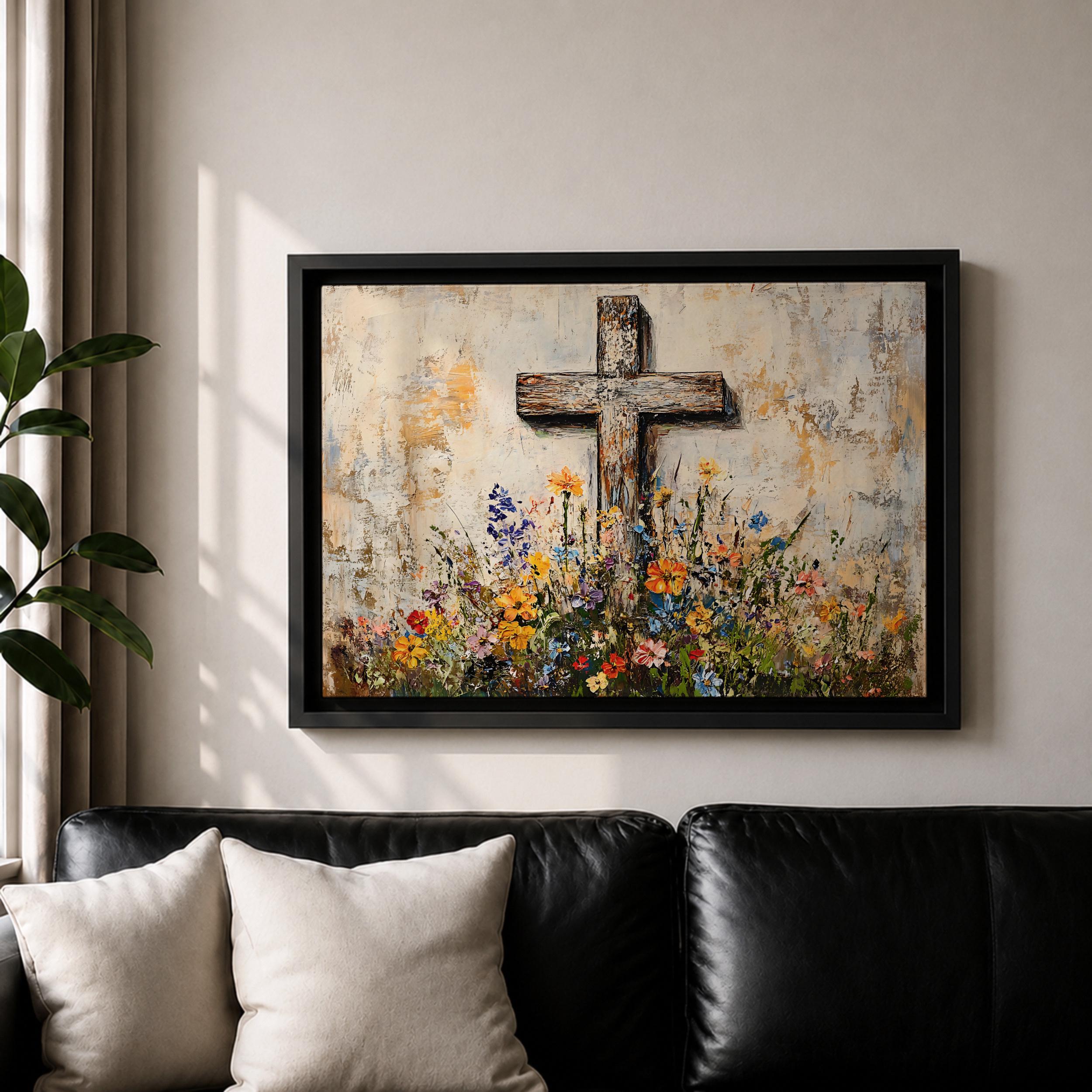 Cross Wall Art Wildflower Field Framed Canvas Rustic Christian