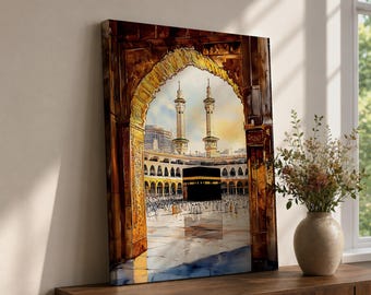 Quadro da parete Kaaba Vista dell'Arco Sacro Tela incorniciata Masjid al-Haram Mecca Acquerello Decorazione islamica