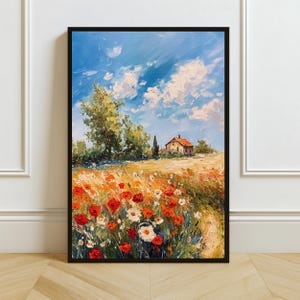 Toskanische Landschaft Blumen Kunstdruck, Wildblumen Feld Wanddekoration, digitale Landschaft Download