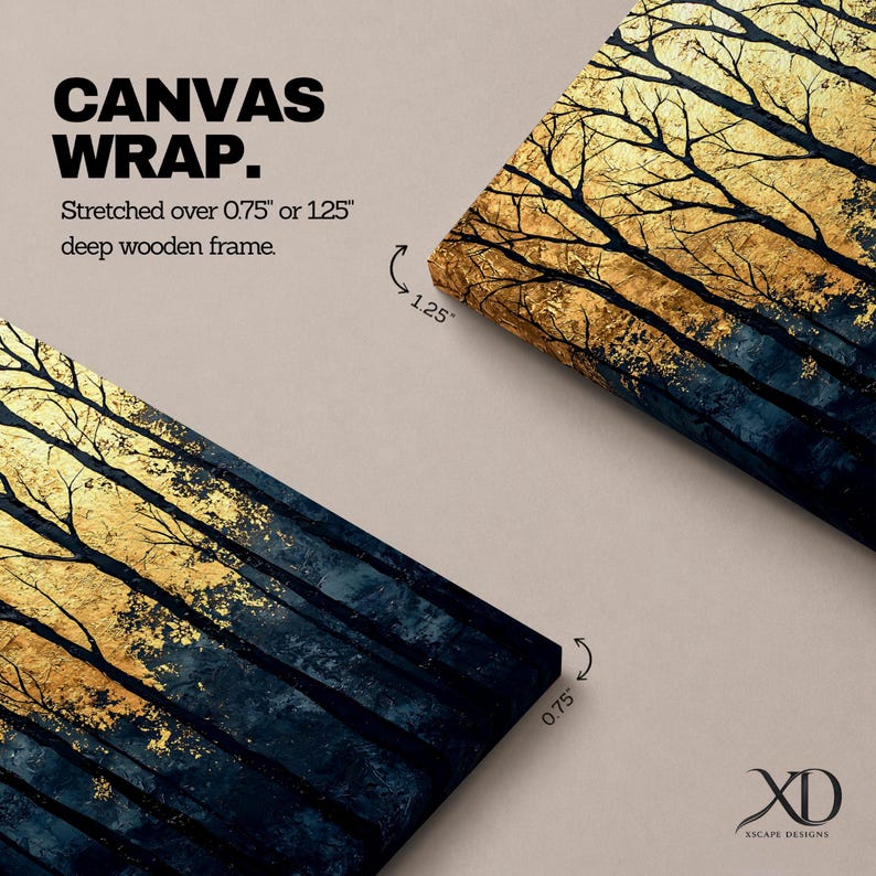 A framed vintage-style artwork depicting tall, bare trees in a forest with a textured golden background. The composition highlights the silhouette of woodland trees against a warm, aged backdrop, blending natural landscape elements with a nostalgic vintage aesthetic.