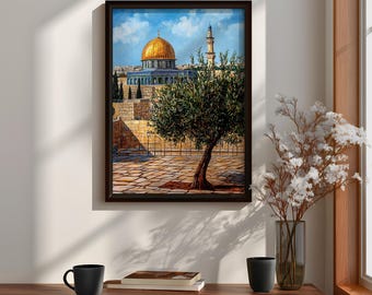 Masjid Al Aqsa Wall Art Olive Tree Framed Canvas Palestine Golden