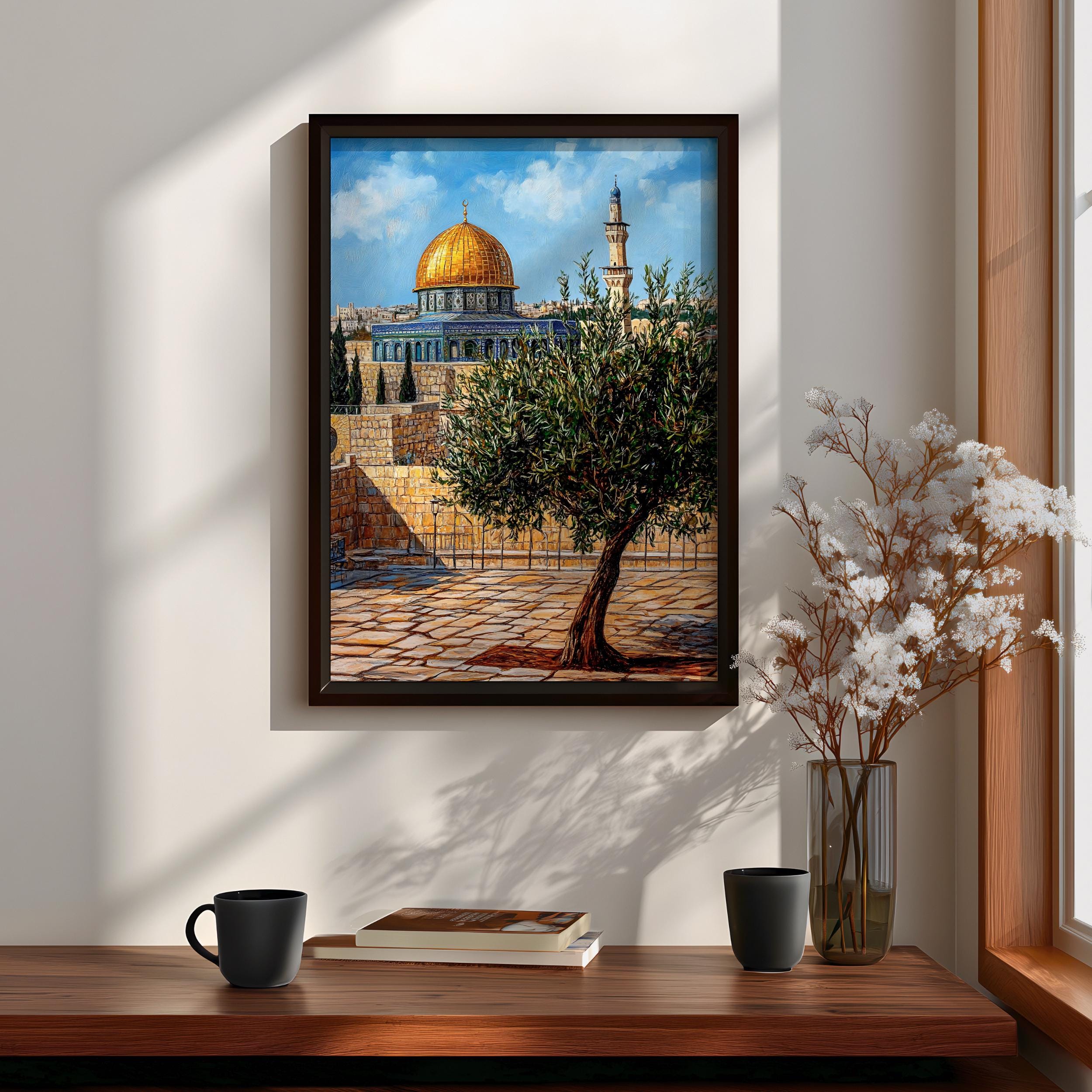Masjid Al Aqsa Wall Art Olive Tree Framed Canvas Palestine Golden
