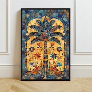 Moroccan Palm Tree Print, Islamic Geometric Art, Vintage Mosaic Wall Decor, Andalusian Tile Artwork, Digital Arabic Design