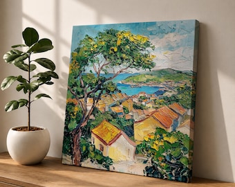Mediterranean Village Wall Art Seaside Town Framed Canvas Coastal Landscape Impasto Rustic Home Decor