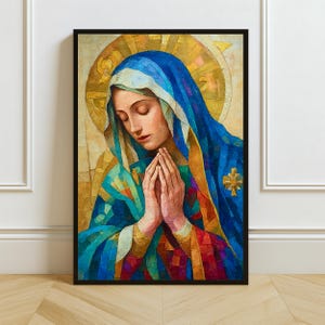 Virgin Mary Wall Art, Catholic Art Print, Mosaic Madonna Decor, Praying Mary Digital Download, Religious Home Gift