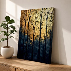 Transform your space with this Forest Wall Art, featuring striking black tree silhouettes against a luminous golden woodland in a modern impressionist style. Rich textures, dramatic contrast, and moody tones create a sophisticated statement piece for rustic, modern, and nature-inspired interiors.