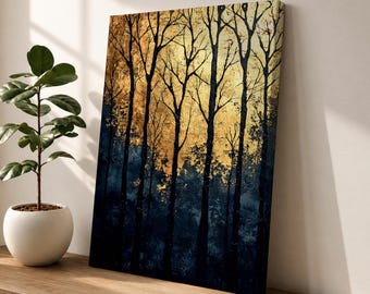 Forest Wall Art, Golden Silhouette Woodland Canvas Print, Moody Nature Living Room Decor