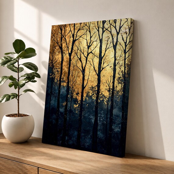 Forest Wall Art, Golden Silhouette Woodland Canvas Print, Moody Nature Living Room Decor