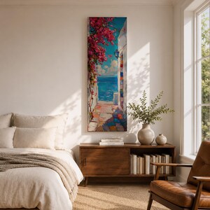 Santorini Long Narrow Vertical Wall Art Greek Island Village Gift Living Room Home Decor
