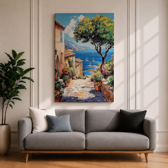 Coastal Village Wall Art Amalfi Coast Framed Canvas Mediterranean