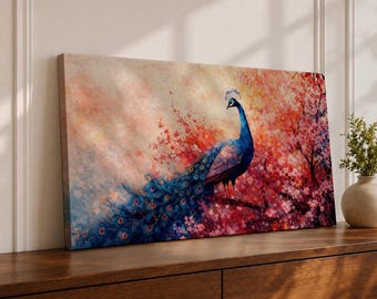 Peacock Panoramic Wall Art Pink Blossoms Extra Wide Framed Canvas Indian Bird Garden Decor