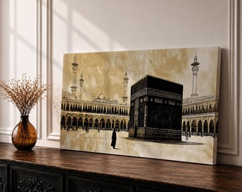 Kaaba Panoramic Wall Art Mecca Masjid Al-Haram Extra Wide Framed Canvas Islamic Vintage Decor