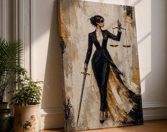 Lady Justice Canvas Wall Art, Blindfolded Woman With Scales and Sword, Legal Office Decor, Lawyer Gift, Elegant Black Gold Artwork