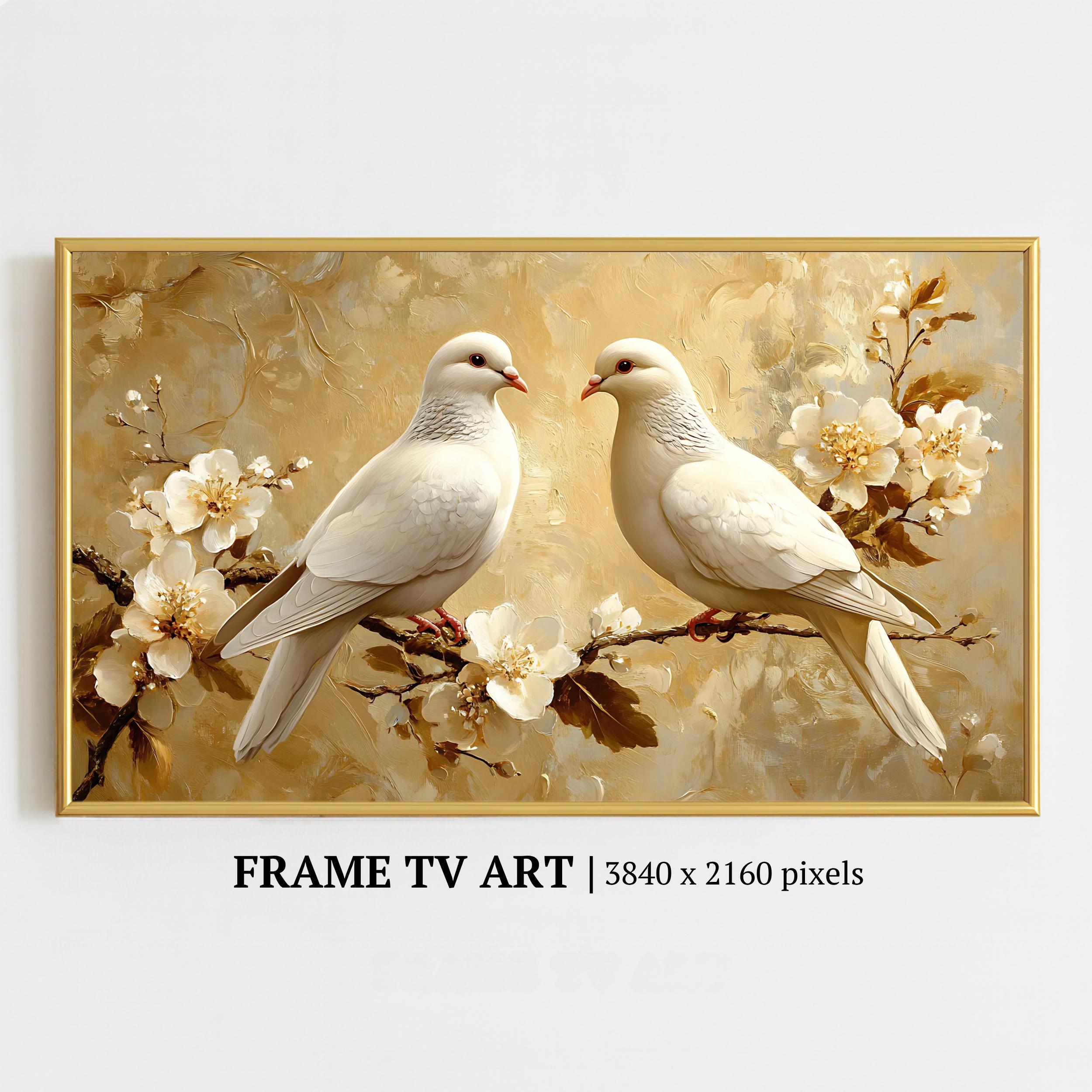 白い鳩のフレーム付きテレビアート：ロマンチックな花と鳥、エレガント