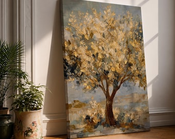 Golden Tree Canvas Wall Art, Neutral Landscape Painting, Beige Botanical Decor, Textured Tree Print, Modern Rustic Wall Art, Nature Canvas