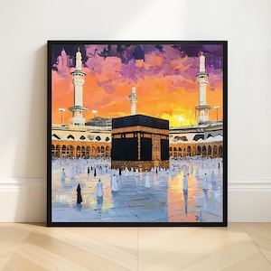 Kaaba Sunset Oil Painting Print: Modern Islamic Mecca Square Decor (Digital Download)