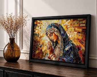 Virgin Mary Wall Art Blessed Mother Framed Canvas Stained Glass Mosaic Catholic Home Decor