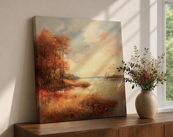 Quadro decorativo de parede com tema de lago no outono, tela emoldurada com paisagem rústica vintage para casa de campo.