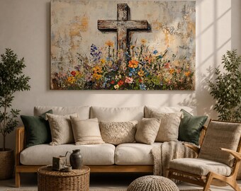 Cross Wall Art Wildflower Field Framed Canvas Rustic Christian