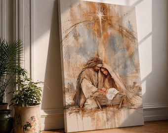 Nativity Canvas Print, Holy Family Painting, Star of Bethlehem, Abstract Christian Christmas Wall Art