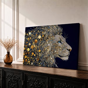 Mosaic-style artwork of a majestic lion profile with intricate gold and blue circular patterns forming the mane and face, set against a dark background.