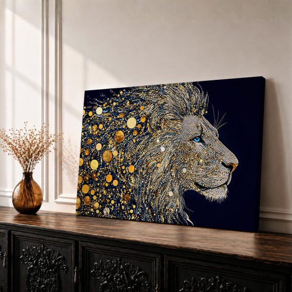Lion Wall Art, Wildlife Mosaic Canvas Print, Majestic Big Cat Artwork, Safari Animal Wall Decor