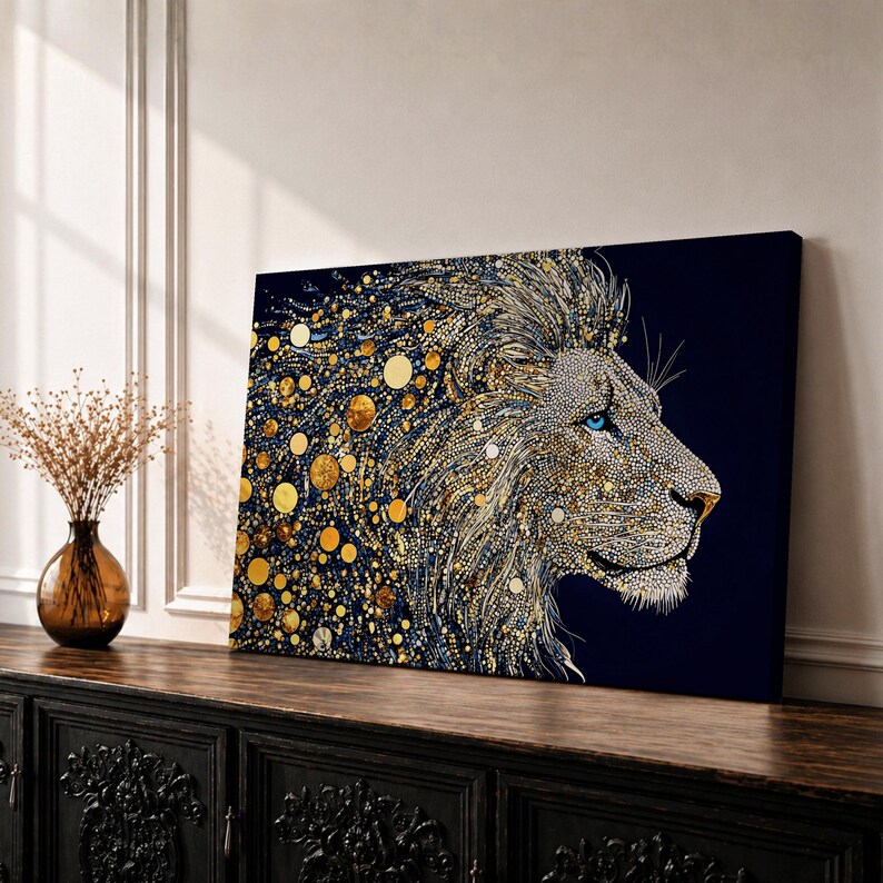 Mosaic-style artwork of a majestic lion profile with intricate gold and blue circular patterns forming the mane and face, set against a dark background.