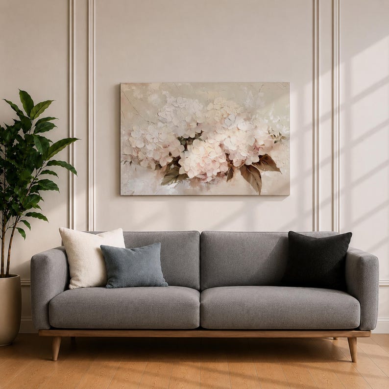 Hydrangea Wall Art Hortensia Framed Canvas Soft Bloom Botanical Vintage Floral Cottage Home Decor