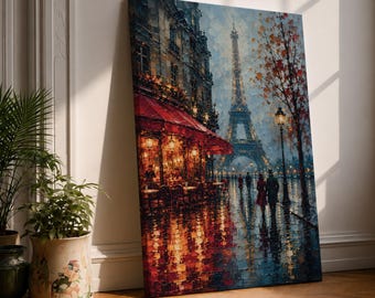 Paris Eiffel Tower Canvas Wall Art, Rainy Paris Street Print, French Cafe Decor, Romantic Paris Artwork, Autumn Cityscape Wall Decor