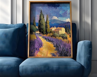 Lavender Field Wall Art Provence Landscape Framed Canvas Cottagecore Rustic Impasto Living Room Decor