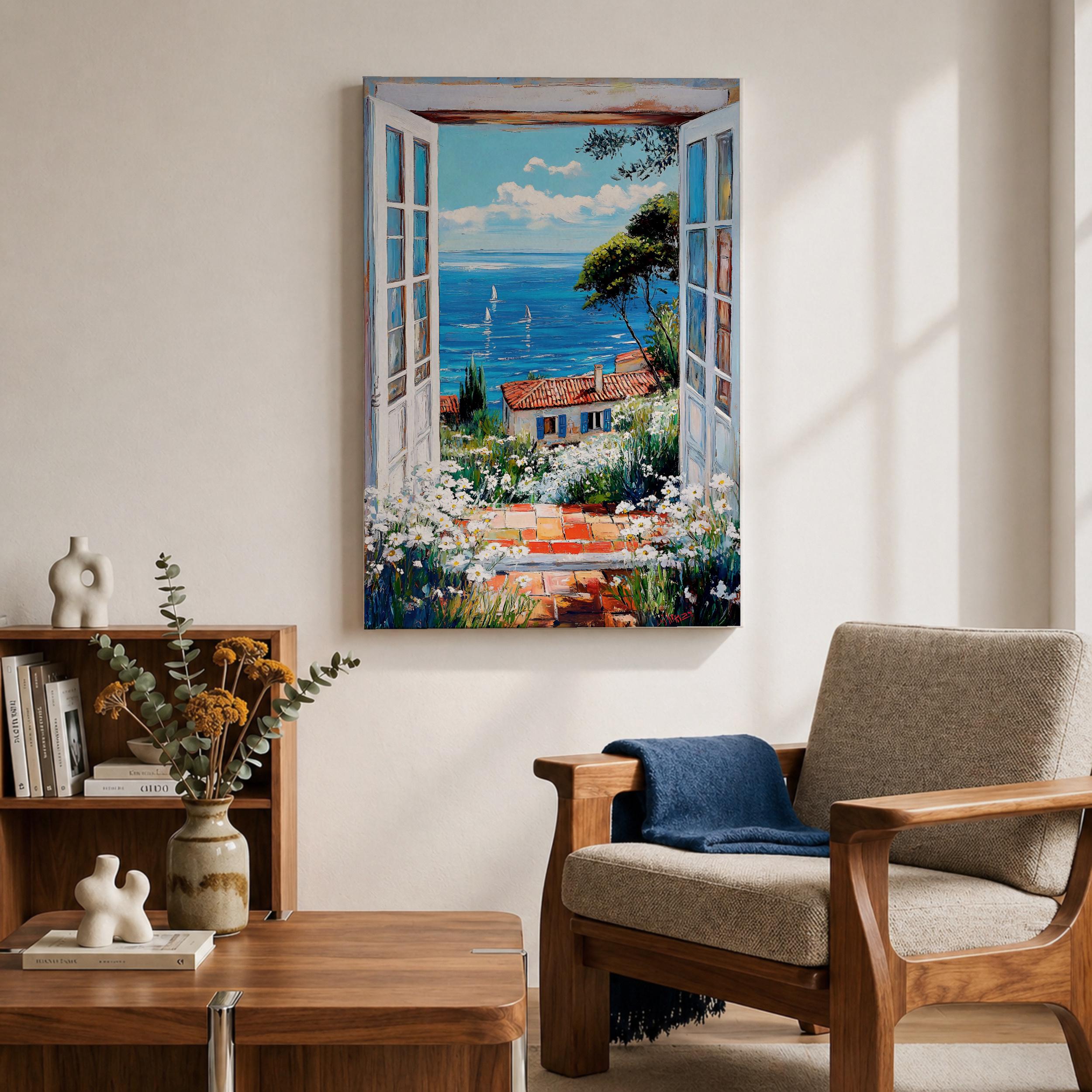 Mediterranean Window Wall Art Coastal Seaside Cottage Framed