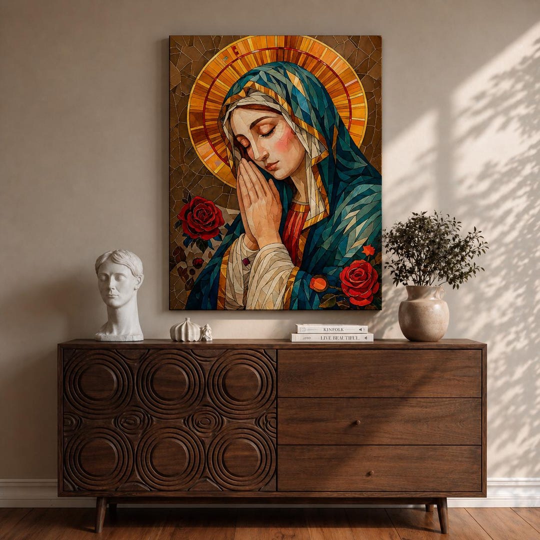 Virgin Mary Wall Art Prayer Pose Framed Canvas Madonna Mosaic Catholic ...