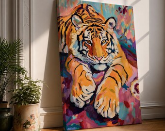 Colorful Tiger Canvas Wall Art, Abstract Tiger Painting, Wild Animal Print, Maximalist Wall Decor, Jungle Wildlife Art, Bold Modern Decor