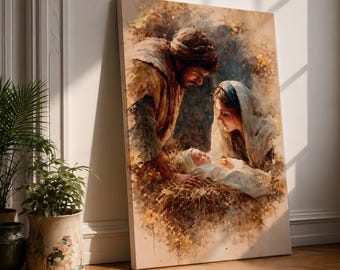 Nativity Scene Wall Art Holy Family Framed Canvas Jesus Mary Joseph Rustic Christian Decor