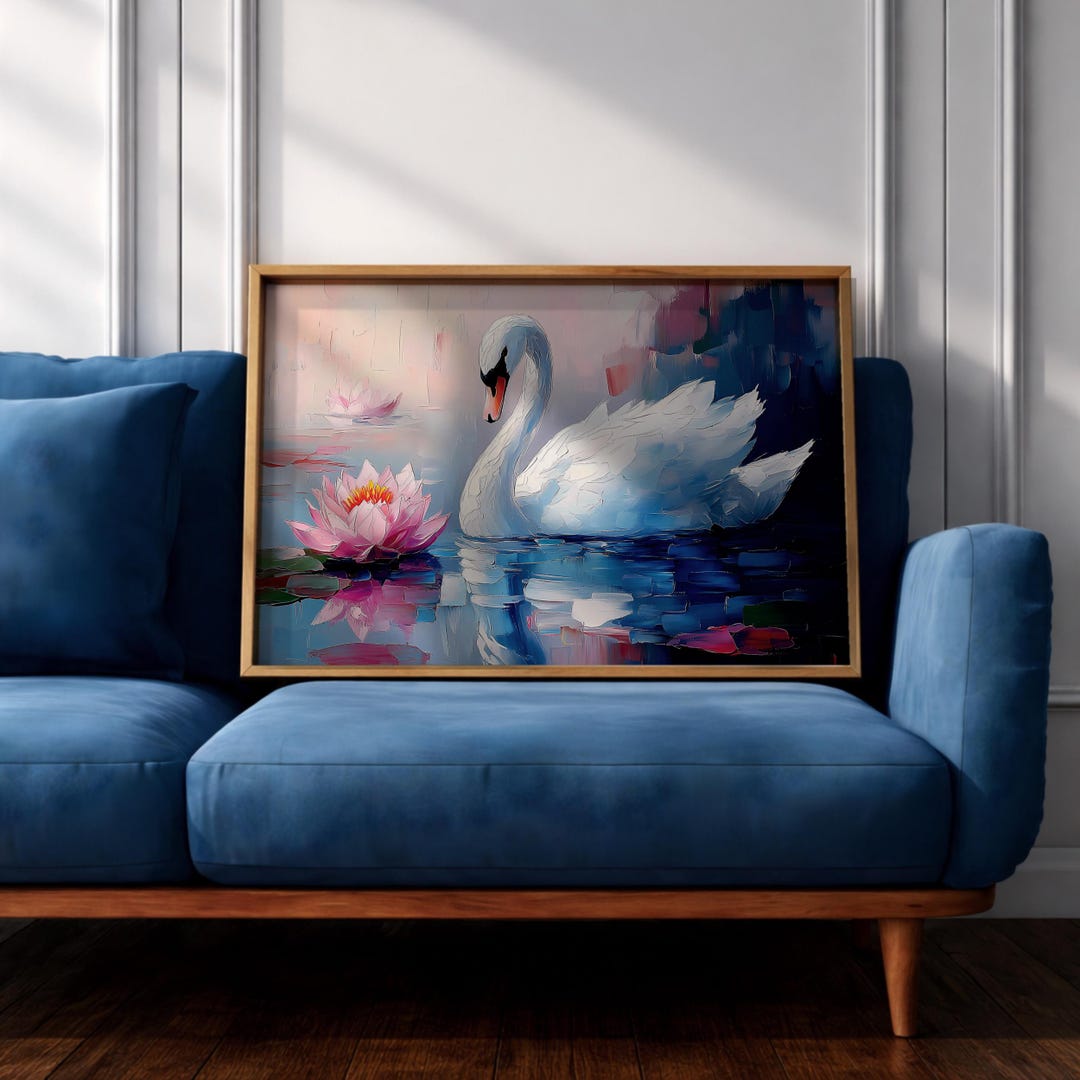 アートポスター　SWAN Swan Wall Art Cygnus Framed Canvas Lotus Pond Impasto Serene Zen