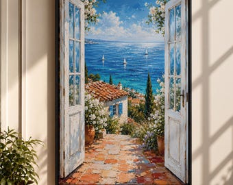 Mediterranean Window Canvas, Ocean View Wall Art, Coastal Seaside Painting, European Home Decor
