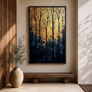 A framed vintage-style artwork depicting tall, bare trees in a forest with a textured golden background. The composition highlights the silhouette of woodland trees against a warm, aged backdrop, blending natural landscape elements with a nostalgic vintage aesthetic.