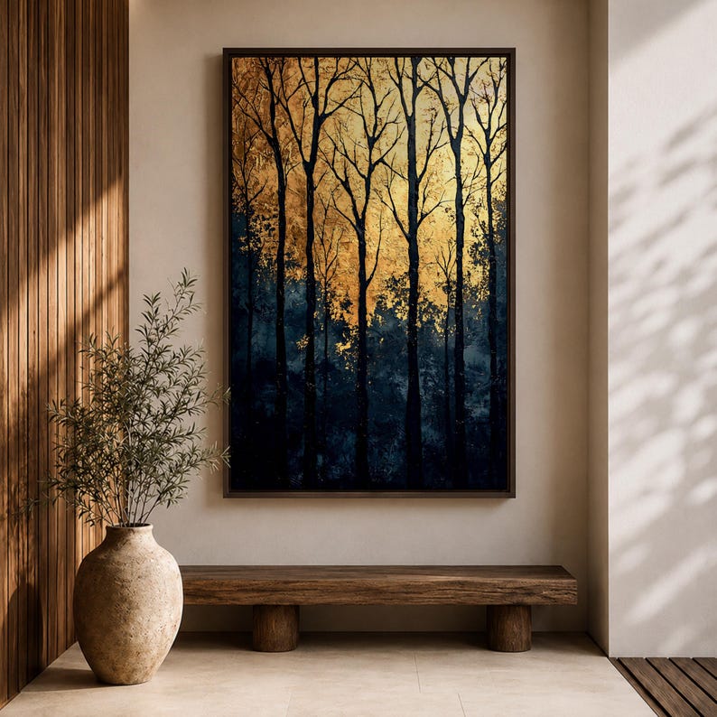 A framed vintage-style artwork depicting tall, bare trees in a forest with a textured golden background. The composition highlights the silhouette of woodland trees against a warm, aged backdrop, blending natural landscape elements with a nostalgic vintage aesthetic.