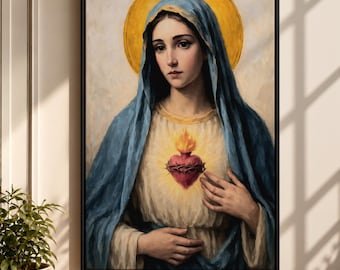 Sacred Heart of Mary Canvas, Catholic Wall Art, Vintage Blessed Mother Religious Painting