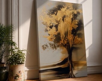 Tree of Life Wall Art Golden Leaves Framed Canvas Abstract Gold Accents Spiritual Decor