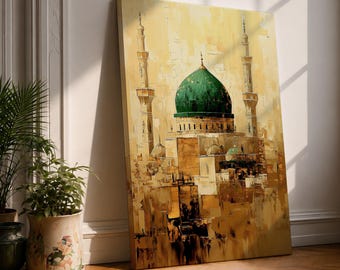 Masjid Al Nabawi Wall Art Green Dome Framed Canvas Medina Mosque Vintage Islamic Decor