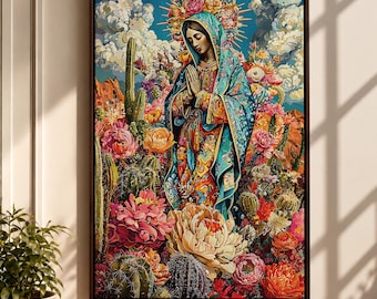 Our Lady of Guadalupe Wall Art Mexican Virgencita Framed Canvas Catholic Religious Floral Decor